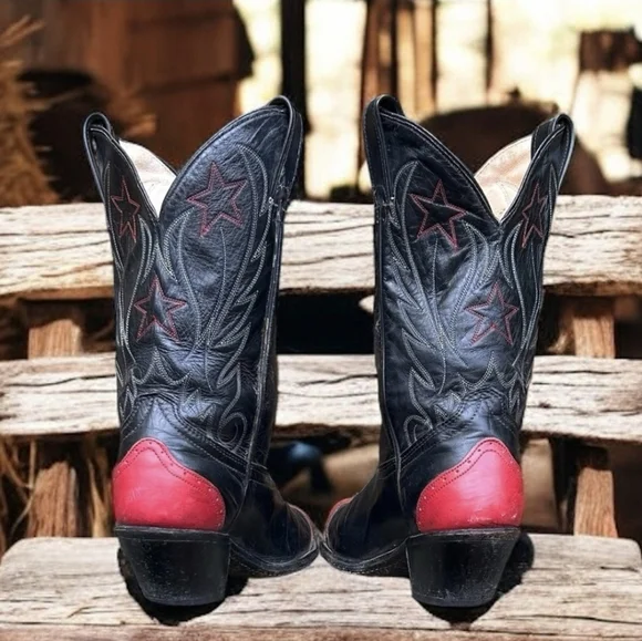 Vintage Black/Red Star Embroidered Cowboy Western Boots Women's Size 7M